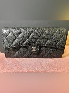 NWT CHANEL Black Quilted Caviar Leather Long Wallet with Silver CC